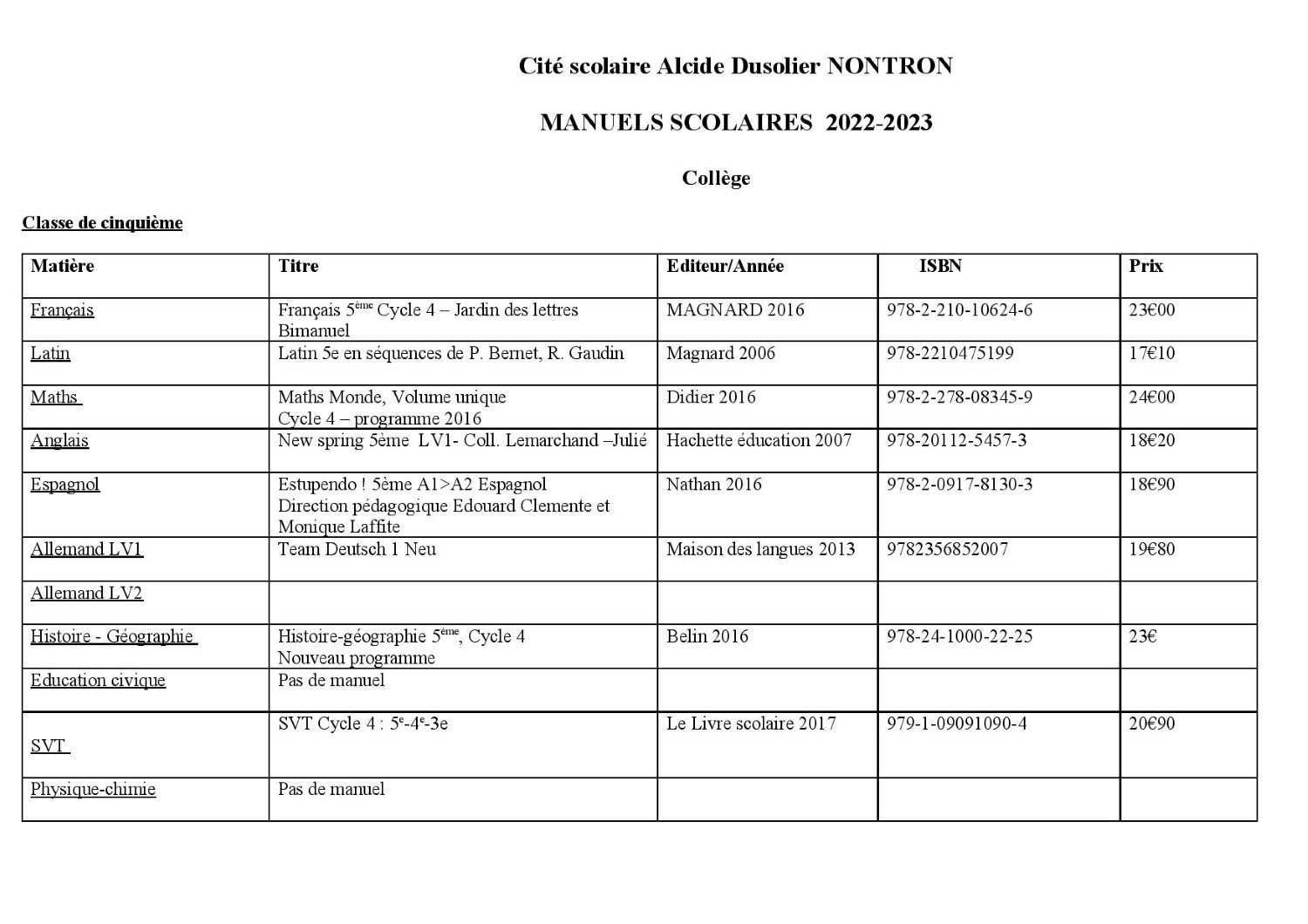 Liste Manuels 5ème