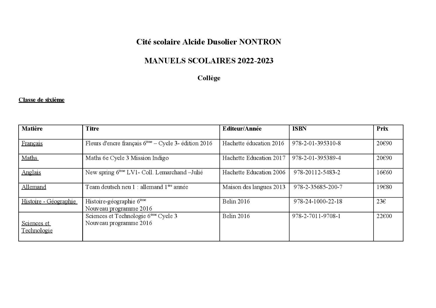Liste Manuels 6ème